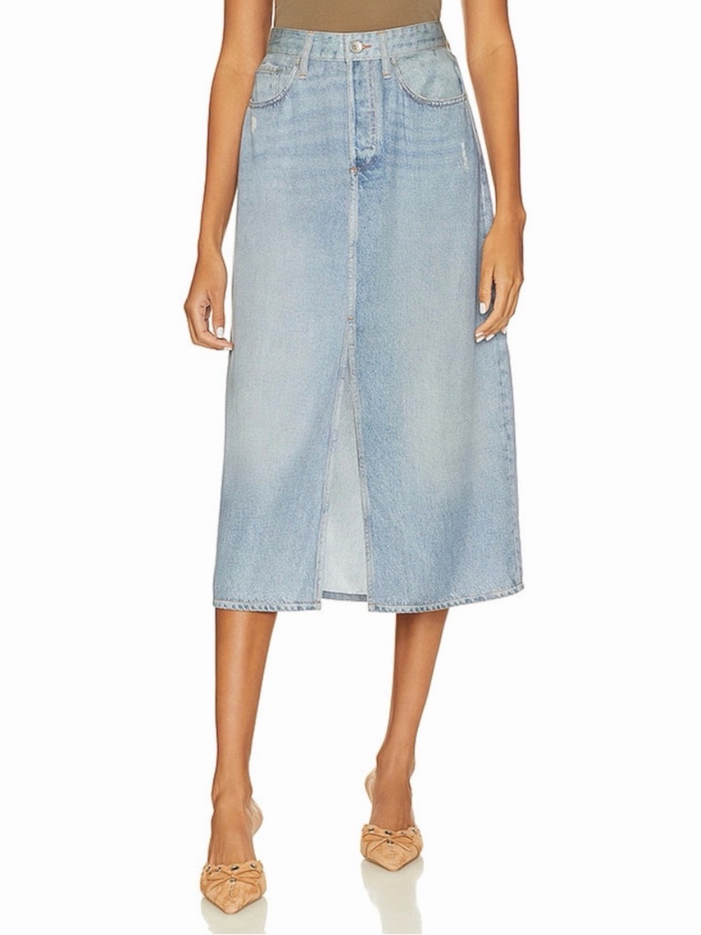 rag & bone Miramar Light Wash Denim Midi Skirt with Front Slit Size 24